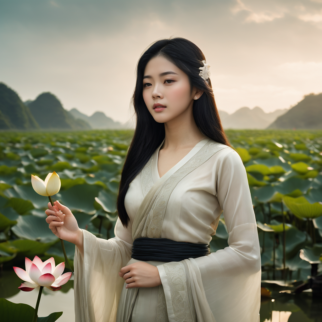 A stunning, hyper-realistic 4K portrait of a serene Vietnamese girl in a flowing silk áo dài, delicately holding a majestic lotus flower, her long hair and garments billowing in the gentle wind, with soft, warm lighting and intricate details.