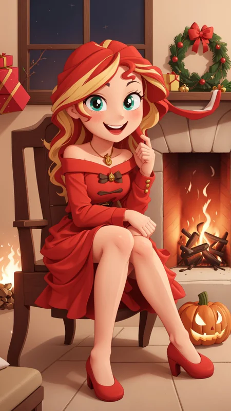 (masterpiece:1.1),(best quality:1.2),solo,1girl,mlpshimmer,smile,looking at viewer,sitting,chair,christmas costume,red dress,fireplace,<lora:mlp_sunsetshimmer-10:0.8>,jack-o'-lantern,