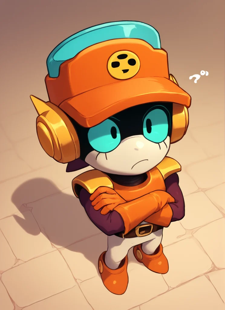 score_9, score_8_up, score_7_up, <lora:bslarry:1>bslarry , robot boy , hat , 1 boy , blue eyes , whithe skin , solo orange gloves ,orange headwear , belt , <lora:PossumMachine:1>posmach , crossed arms, confused, ??? , from above,