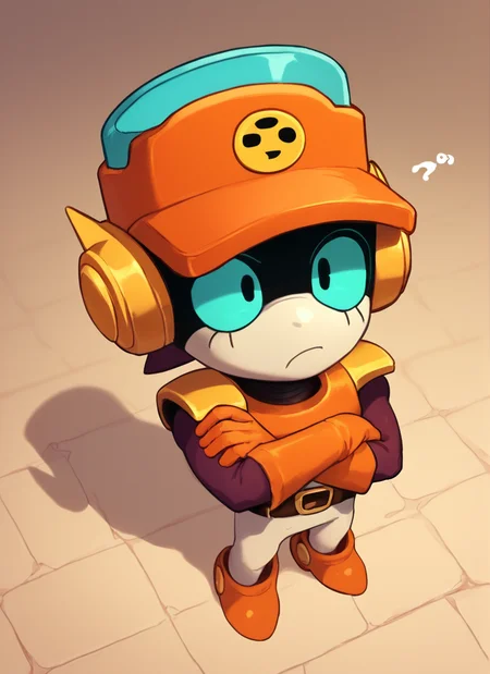 score_9, score_8_up, score_7_up, <lora:bslarry:1>bslarry , robot boy , hat , 1 boy , blue eyes , whithe skin , solo orange gloves ,orange headwear , belt , <lora:PossumMachine:1>posmach , crossed arms, confused, ??? , from above,