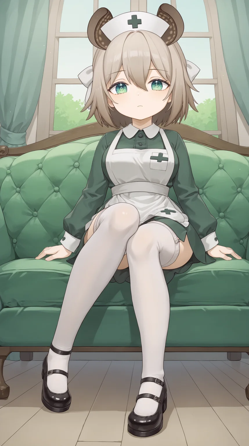 score_9, score_8_up, score_7_up,anime_source, source_anime, indoors, best background, detailed background, anime screencap, 4k, upscale, 1girl,Nimi_Nightmare, long eyelashes, looking at viewer, green eyes, nurse cap, green dress, long sleeves, hair between eyes, black footwear, brown hair, white apron, animal ears, white thighhighs, hair bow, full body, sitting on couch, legs open, inner thigh, low view, long legs, legs stretched out, legs straight, <lora:Nimi_Nightmare_PONY:0.8>