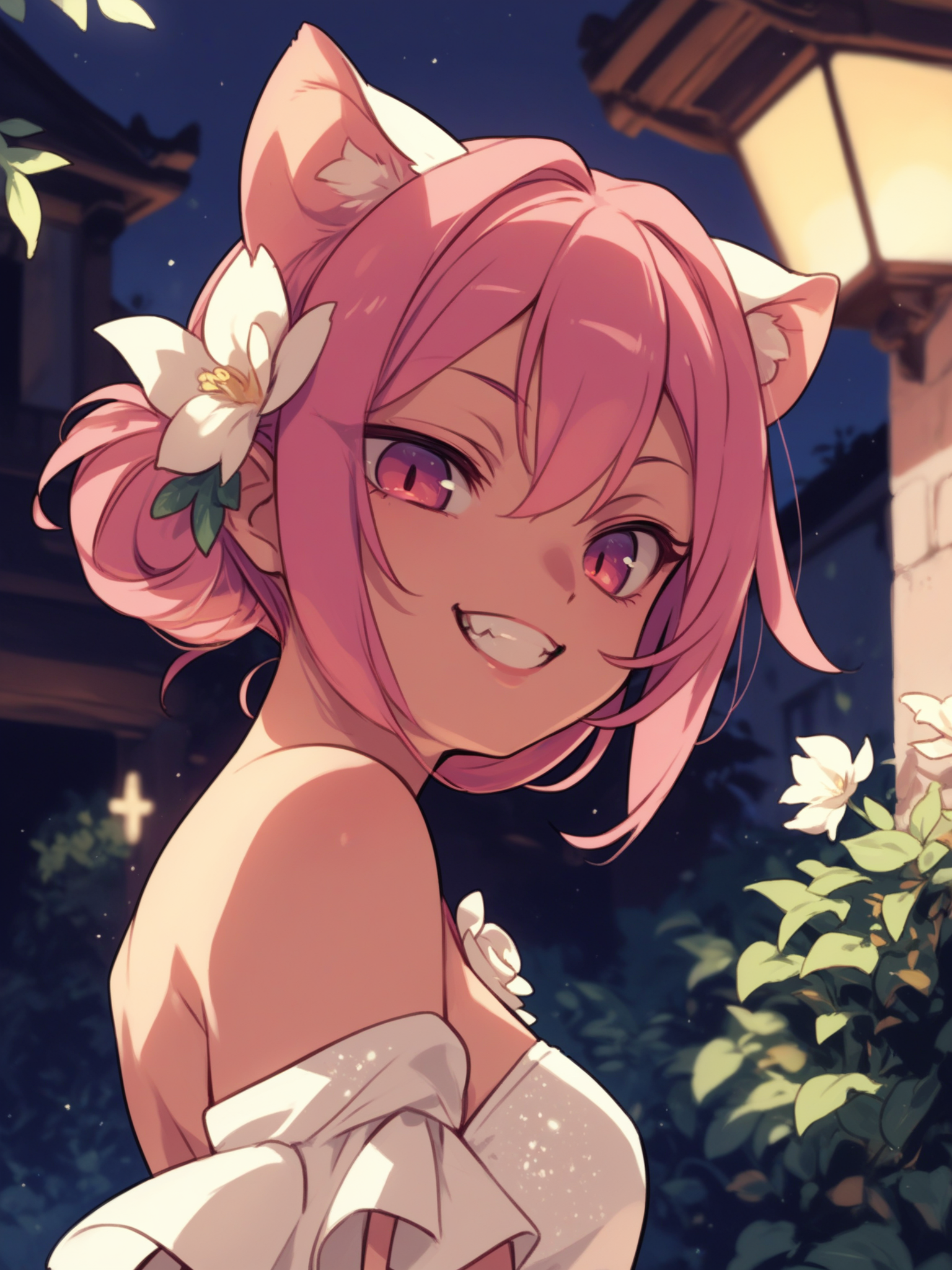 <lora:happy_tentacle-necomimi-v0.2-000028:1>, ht_necomimi, pink hair, animal ears, evening gown, outdoors , 1girl, solo, portrait , unusually open eyes , ( evil smile, teeth :1), , looking down , , from side , score_9, score_8_up, score_7_up, score_6_up, score_5_up, score_4_up