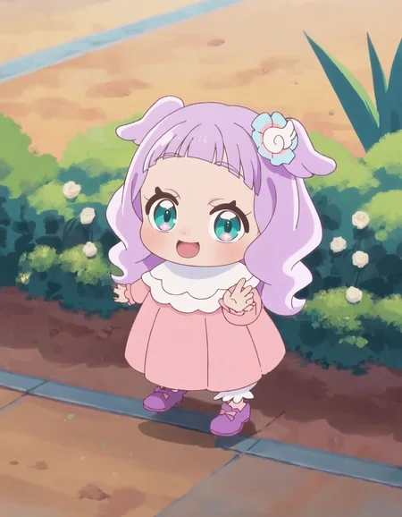 score_9, score_8_up, score_7_up, anime screencap, solo,1girl,ellee-chan, smile, dress, open mouth, pink dress, looking at viewer, full body, :d, hair ornament, shoes, long sleeves, purple footwear, standing<lora:ellee-chan:0.8>