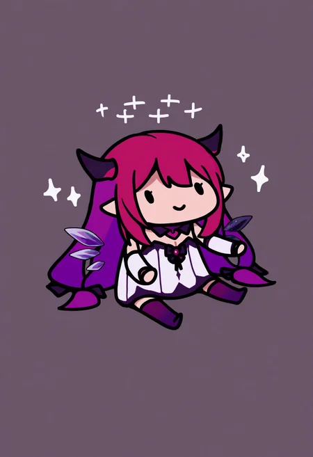 masterpiece, best quality, 1girl, solo, 1RySDef, horns, double halo, multicolored hair, purple hair, long hair, detached collar, brooch, white dress, cleavage cutout, detached sleeves, short dress, purple thighhighs, gradient thighhighs, crystal wings, detached wings, sitting, on floor, smile, dot eyes, sparkles, spread arms, chibi, meme, thick lines, simple background, white background, <lora:style_walfie_illustriousXL-GLoRA:1>, <lora:ChamIRySNoob:1>