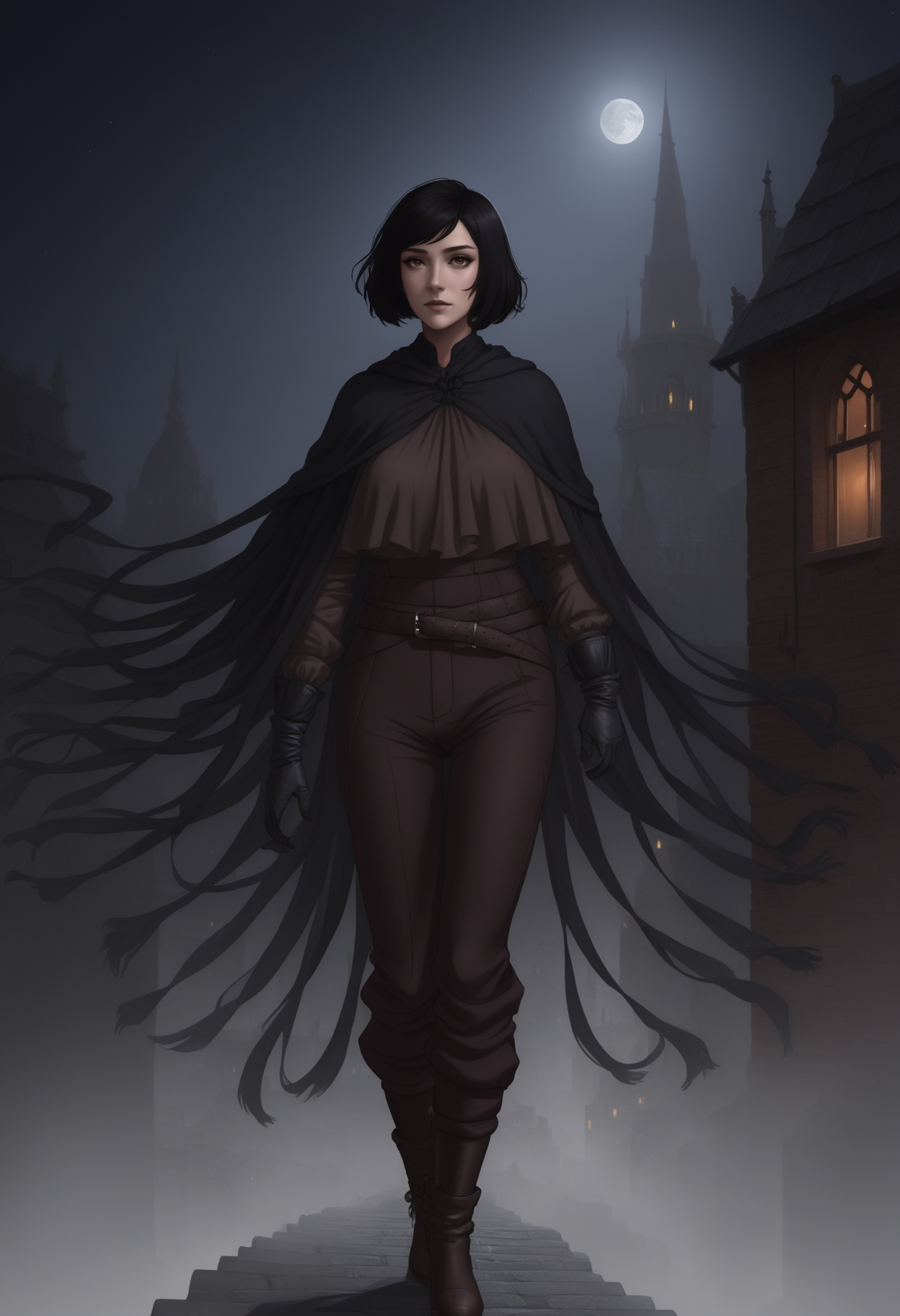 vin, 1girl, black bob haircut, brown eyes, tasselled black cloak, shirt, pants, boots, gloves, city, night, mist, fantasy, <lora:Vin_sdxl:0.6>