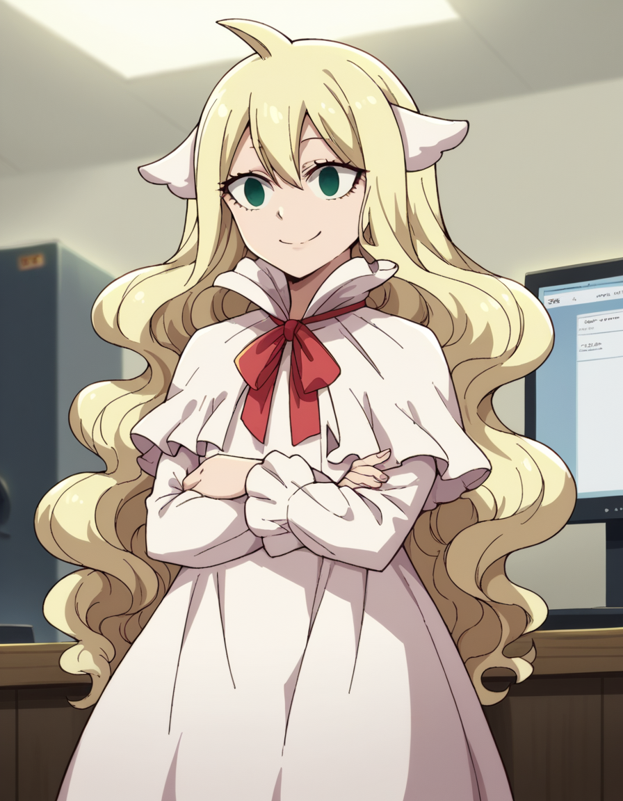 score_9, score_8_up, score_7_up, source_anime, <lora:mavis-vermillion-anime-ponyxl-lora-nochekaiser:1>, mavis, long hair, blonde hair, green eyes, ahoge, wavy hair, animal ears,, dress, white dress, collar, ribbon, red ribbon, capelet, long sleeves,, home office, working from home, computer screen, coffee cup, focus, deadline, smile, , arm crossed over chest, solo,, cowboy shot, dutch angle