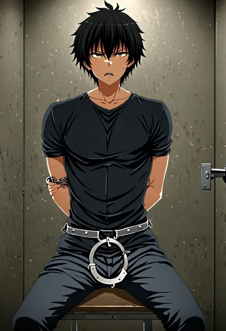 high resolution, solo, best quality, 1Boy, Seiya Kanie, black hair, short hair, thin, arrested, restrained, struggling, handcuffs, interrogated, interrogation room, OverallDetail