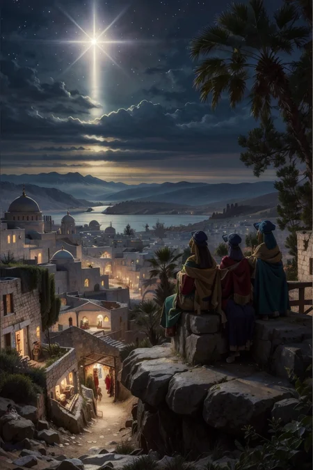 ((masterpiece,best quality)), <lora:Star_of_Bethlehem:0.8>, Star_of_Bethlehem, night sky, starry sky, multiple girls, hat, sitting, outdoors, tree, mountain