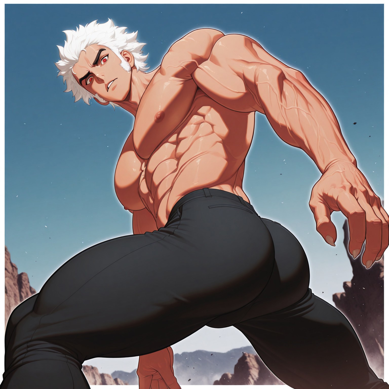masterpiece, best quality, absurdres, newest, perfect quality, best quality, absolutely eye-catching, detailed background, intricate details, bara, 1boy, male, male focus, solo, mature, white hair, spiky hair, forehead, long sideburns, red eyes, black pants, claws, bara, muscular, large pectorals, large biceps, cowboy shot, looking at viewer, side view, from below, dynamic pose, outside scenery, squatting, legs spread, white outline around character, white borders, visual effects, cinematic, very awa, best quality, absurdres, newest, perfect quality, detailed background, intricate details, (artist:rokudenashi:0.8), (artist:dizdoodz:0.7), (artist:gomtang:0.6)
