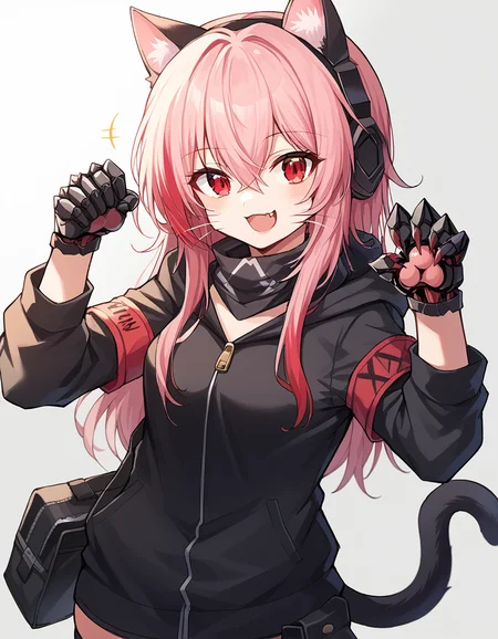 score_9, score_8_up, score_7_up, source_anime, <lora:girlsfrontline-m4-sopmod-ii-ponyxl-lora-nochekaiser:1>, m4 sopmod ii, hair between eyes, red eyes, pink hair, streaked hair, red hair, sidelocks, long hair, multicolored hair, two-tone hair,, armband, black gloves, black jacket, black scarf, black thighhighs, gloves, hair ornament, headgear, headphones, holster, hood, hooded jacket, jacket, mechanical hands, red armband, scarf, thighhighs, track jacket,, izakaya, drinks, food, stools, social, smile, <lora:paw-pose-ponyxl-lora-nochekaiser:1>, paw pose, cat ears, cat tail, animal ears, tail, cat girl, open mouth, fang, whiskers,, looking at viewer, solo,, dutch angle, cowboy shot