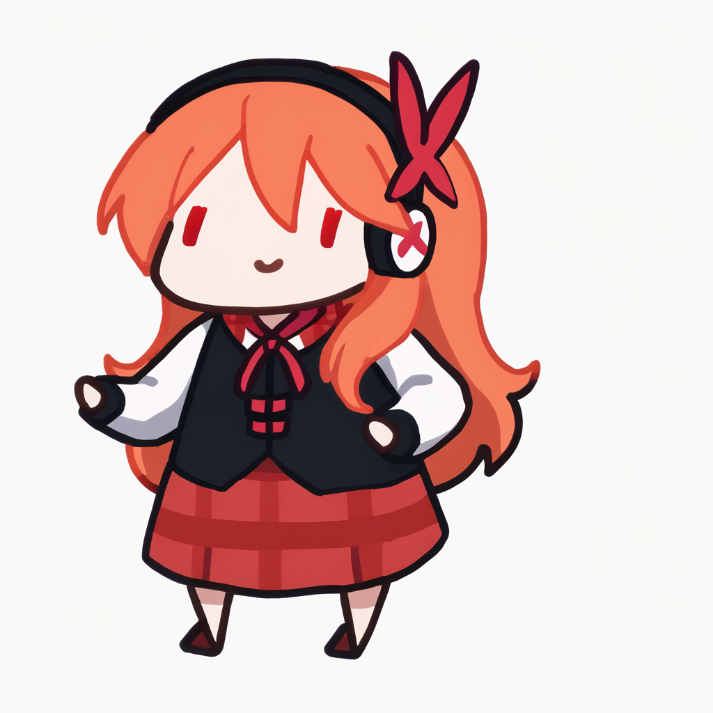 score_9, score_7_up, <break> chibi, simple background, white background, full body, solo, 1girl, agkchelsea, smile, standing, orange hair, hair ornament, headphones, dot eyes, black vest, white shirt, neck ribbon, red ribbon, long sleeves, red skirt, plaid skirt