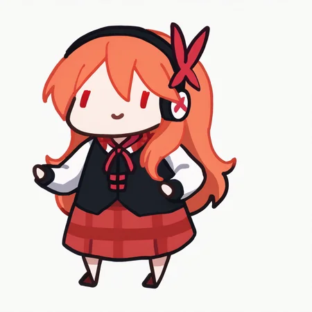 score_9, score_7_up, <break> chibi, simple background, white background, full body, solo, 1girl, agkchelsea, smile, standing, orange hair, hair ornament, headphones, dot eyes, black vest, white shirt, neck ribbon, red ribbon, long sleeves, red skirt, plaid skirt
