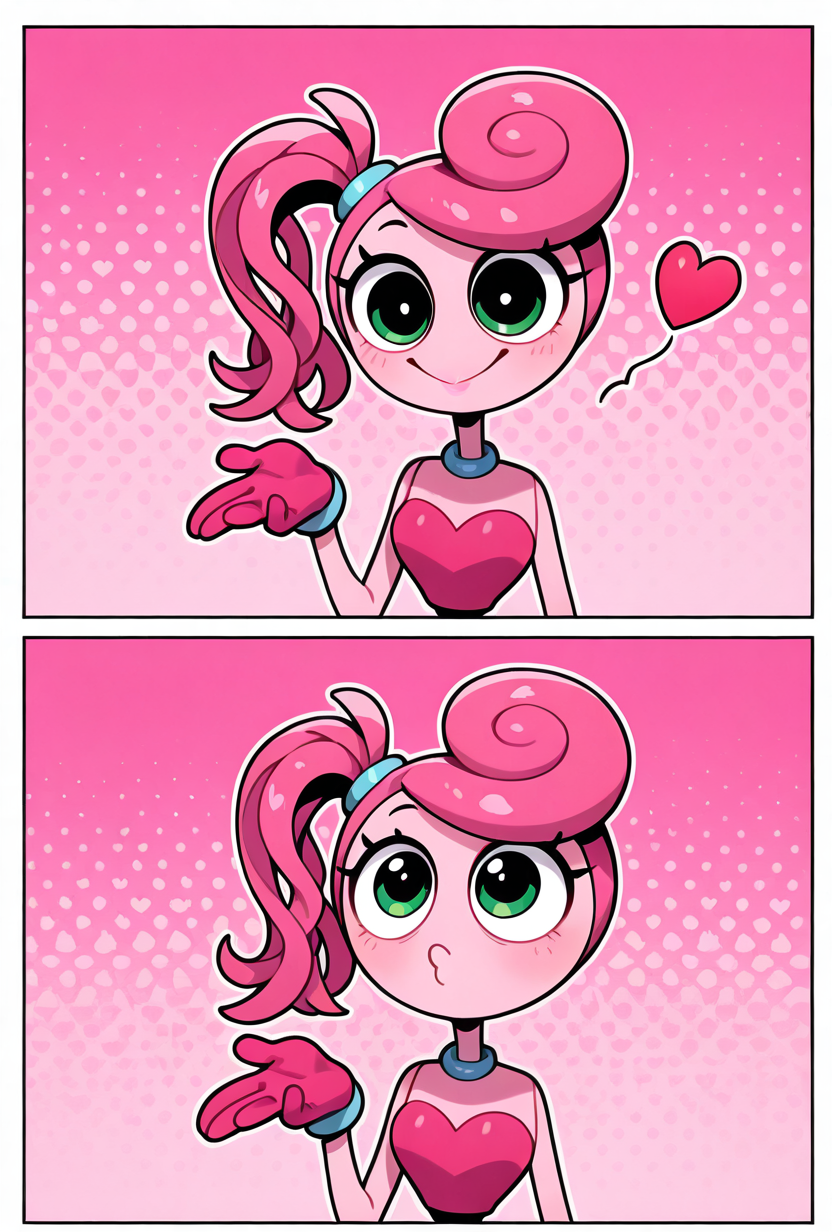 <lora:mmylnglgs-10:1> mmylnglgs, pink hair, 1girl, big smile, , pink skin, pink gloves, side ponytail, long limbs, round head, dynamic pose,    <lora:FrierenBlowingKissMeme_illusXLNoobAI_Incrs_v1:1> blowing kiss, heart, puckered lips, o3o, masterpiece, best quality, amazing quality, very aesthetic, absurdres, newest,, upper body, halftone effect, white borders, abstract background:1.2,