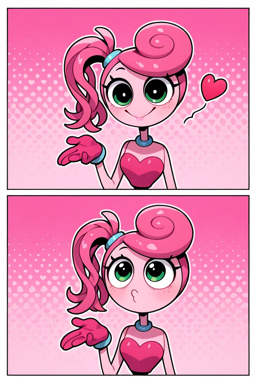 <lora:mmylnglgs-10:1> mmylnglgs, pink hair, 1girl, big smile, , pink skin, pink gloves, side ponytail, long limbs, round head, dynamic pose,    <lora:FrierenBlowingKissMeme_illusXLNoobAI_Incrs_v1:1> blowing kiss, heart, puckered lips, o3o, masterpiece, best quality, amazing quality, very aesthetic, absurdres, newest,, upper body, halftone effect, white borders, abstract background:1.2,