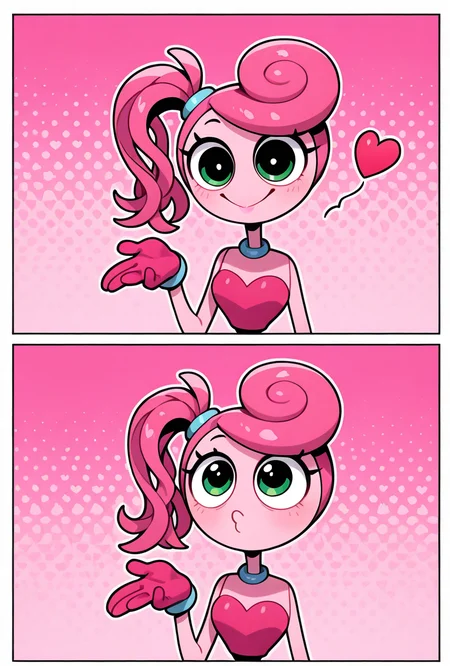 <lora:mmylnglgs-10:1> mmylnglgs, pink hair, 1girl, big smile, , pink skin, pink gloves, side ponytail, long limbs, round head, dynamic pose,    <lora:FrierenBlowingKissMeme_illusXLNoobAI_Incrs_v1:1> blowing kiss, heart, puckered lips, o3o, masterpiece, best quality, amazing quality, very aesthetic, absurdres, newest,, upper body, halftone effect, white borders, abstract background:1.2,