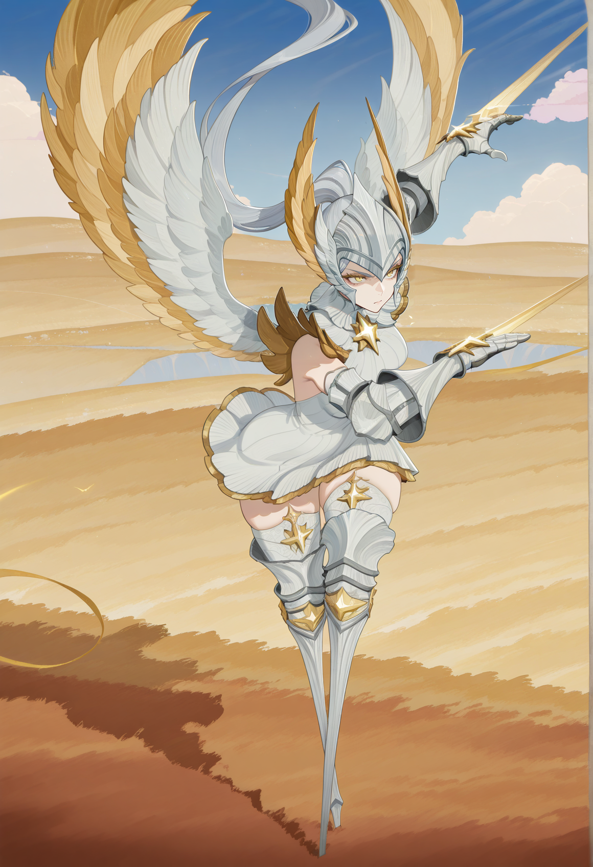 1girl, very long hair, high ponytail, grey hair, yellow eyes, colored eyelashes, forehead protector, head wings, short dress, gauntlets, arm blade, wings, prosthesis, prosthetic leg, outdoors, valley, fighting stance, serious <lora:athalia_AFK:1>, masterpiece, best quality, amazing quality, very aesthetic, absurdres, highres, newest