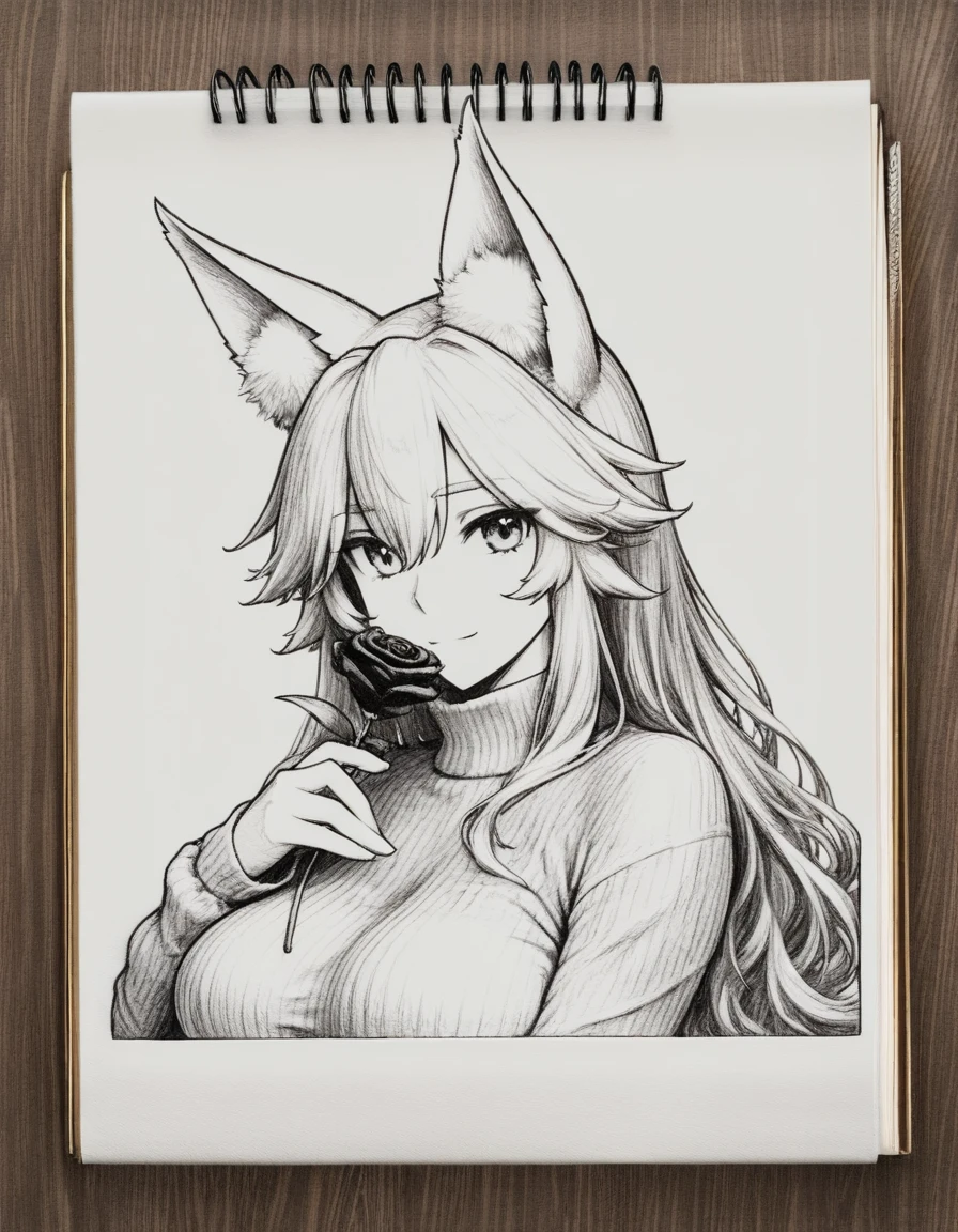 <lora:illustriousXLv01_stabilizer_v1.164:0.8>pencil art on notebook,pencil on paper,wooden surface,1girl,fox ears,tamamo \(fate\),light smile,long hair,sweater,portrait,holding rose flower,monochrome,masterpiece,