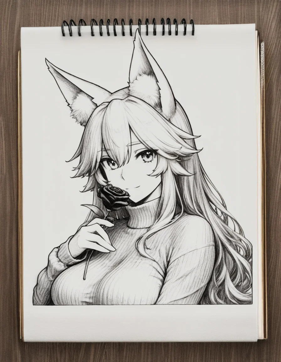 <lora:illustriousXLv01_stabilizer_v1.164:0.8>pencil art on notebook,pencil on paper,wooden surface,1girl,fox ears,tamamo \(fate\),light smile,long hair,sweater,portrait,holding rose flower,monochrome,masterpiece,