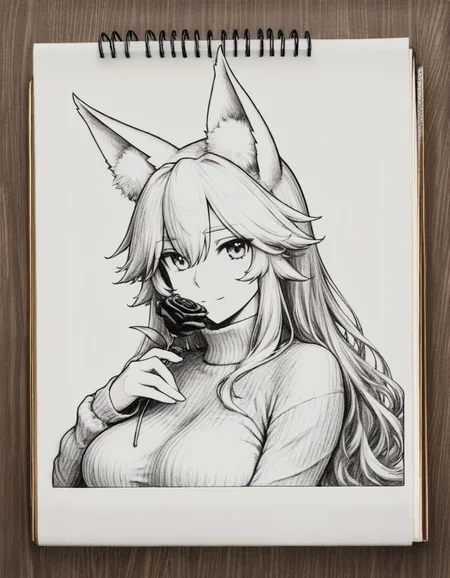 <lora:illustriousXLv01_stabilizer_v1.164:0.8>pencil art on notebook,pencil on paper,wooden surface,1girl,fox ears,tamamo \(fate\),light smile,long hair,sweater,portrait,holding rose flower,monochrome,masterpiece,