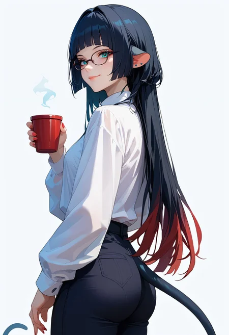 score_9,score_8_up,score_7_up,<lora:jane_doe_pdxl_goofy_v2:1>janedoe-zzz, 1girl, animal ears, aqua eyes, ass, black pants,black hair, blunt bangs, closed mouth, cowboy shot, cup, fingernails, from side, glasses, long hair, long sleeves, multicolored hair, nail polish, pants, red hair, shirt, sidelocks, simple background, smile, solo, tail, two-tone hair, white background, white shirt