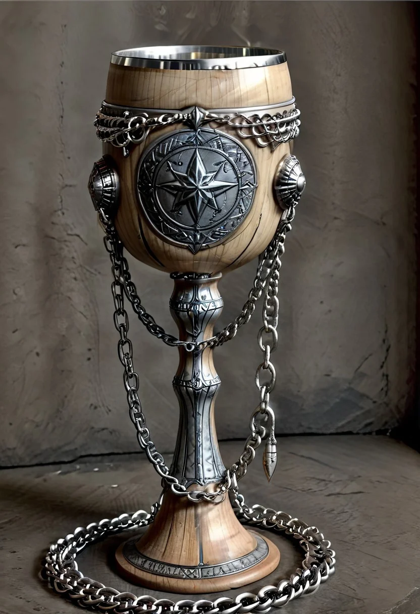 Ultra realistic with high quality and ultra detail with excellent focus and contrast, photorealistic image style, ultra realism, high resolution of 1 object mystical metal style goblet with engraved rock metal style elements, chains attached around the goblet