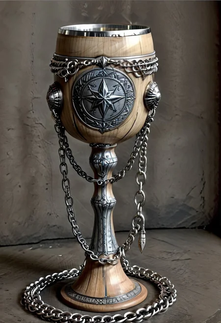 Ultra realistic with high quality and ultra detail with excellent focus and contrast, photorealistic image style, ultra realism, high resolution of 1 object mystical metal style goblet with engraved rock metal style elements, chains attached around the goblet