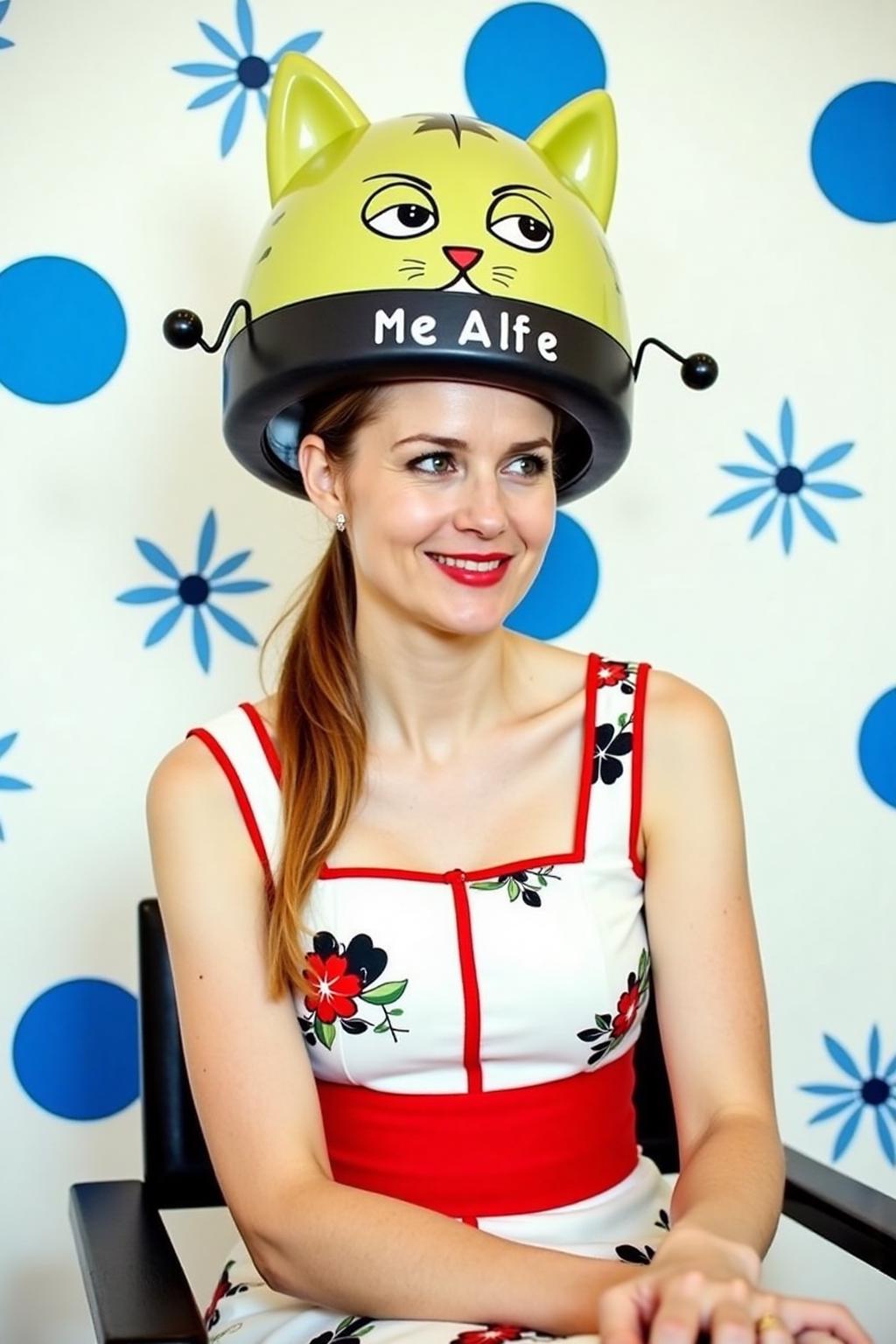 a woman is seated on a chair, her hair is styled in a hair dryer that looks like a medium-sized cat named Allie. She is wearing a sleeveless dress with a red belt, adorned with a floral pattern. Her hair is pulled back in a ponytail, adding a pop of color to the scene. The backdrop is a stark white wall adorned with blue circles and a blue flower design.,  <lora:vintage_hairdryer2_nocap_d4a2e4:1.0><lora:805470766746411996:0>