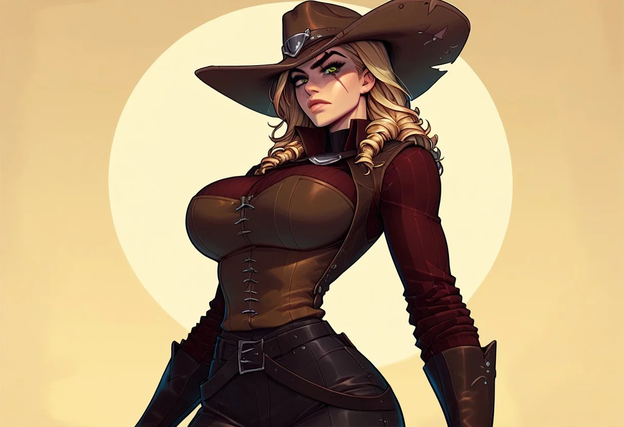 Score_9, Score_8_up, Score_7_up, Score_6, Score_5, Score_4,((best quality)) ultra detailed, aesthetic, extremely detailed eyes and face, perfect body, perfect eyes,
1girl, solo, blonde curls, early colored eyes, scar on the face, scar on the nose, scars on the body,
Slim Figure, Narrow Waist, Wide Hips, (High Breasts), big breasts, Perfect Round Breasts, Perfect Round Butt,
-- clothes -- cowboy hat, leather vest, long sleeved shirt, gloves, cowboy boots, sheriff's badge,
((wild west,Girl standing in the saloon, serious expression on her face.))