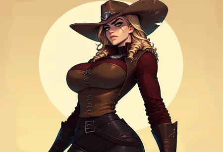 Score_9, Score_8_up, Score_7_up, Score_6, Score_5, Score_4,((best quality)) ultra detailed, aesthetic, extremely detailed eyes and face, perfect body, perfect eyes,
1girl, solo, blonde curls, early colored eyes, scar on the face, scar on the nose, scars on the body,
Slim Figure, Narrow Waist, Wide Hips, (High Breasts), big breasts, Perfect Round Breasts, Perfect Round Butt,
-- clothes -- cowboy hat, leather vest, long sleeved shirt, gloves, cowboy boots, sheriff's badge,
((wild west,Girl standing in the saloon, serious expression on her face.))