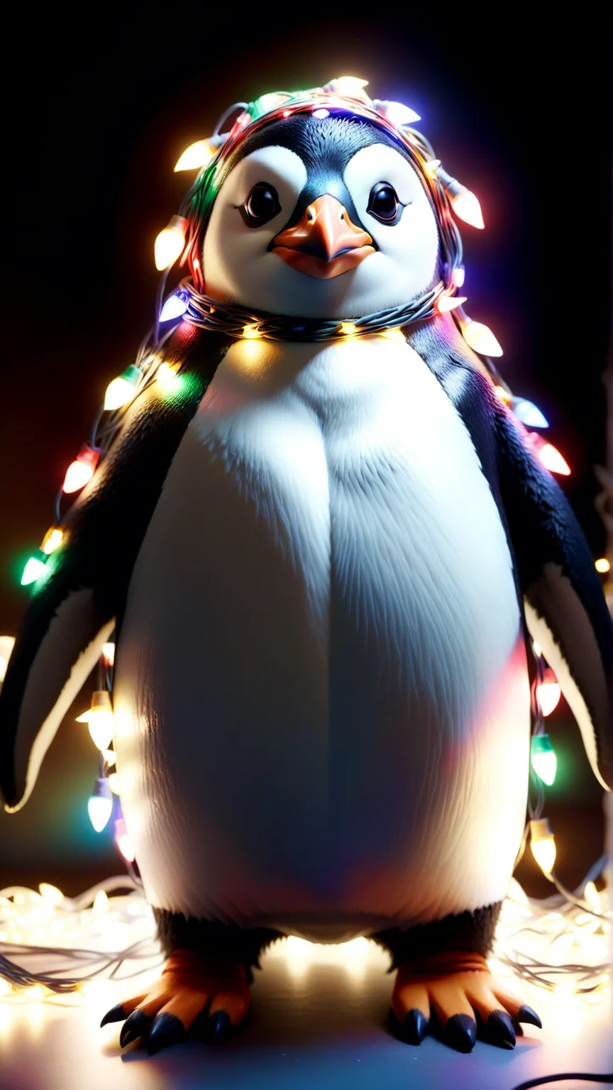 Daytime. A concept art of of a ChristmasLightsStyle Penguin. Covered in colorful christmas lights, tangled wires all wrapped up<lora:ChristmasLightsStyleSDXL:1>