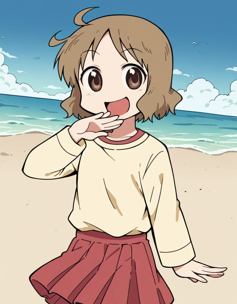 score_9, score_8_up, score_7_up, source_anime, <lora:izumi-sakurai-s1-ponyxl-lora-nochekaiser:1>, izumi sakurai, short hair, brown hair, brown eyes, ahoge,, skirt, yellow shirt, pleated skirt, red skirt,, beach, sunset, walking along shore, footprints in sand, waves, peaceful, , <lora:ojou-sama-pose-ponyxl-lora-nochekaiser:1>, ojou-sama pose, laughing, smug, hand to own mouth, open mouth,, looking at viewer, solo,, dutch angle, cowboy shot