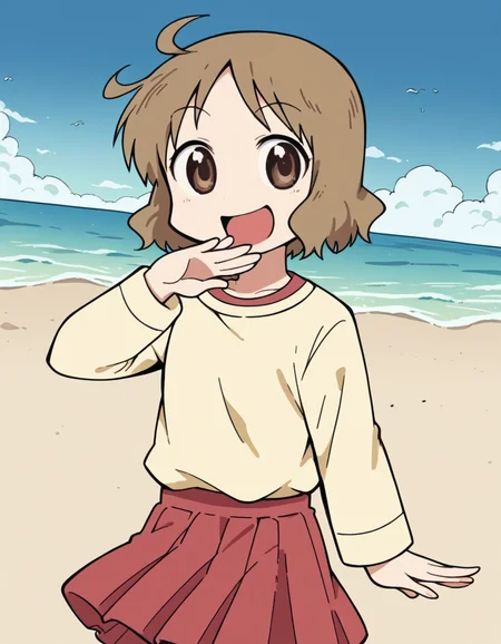 score_9, score_8_up, score_7_up, source_anime, <lora:izumi-sakurai-s1-ponyxl-lora-nochekaiser:1>, izumi sakurai, short hair, brown hair, brown eyes, ahoge,, skirt, yellow shirt, pleated skirt, red skirt,, beach, sunset, walking along shore, footprints in sand, waves, peaceful, , <lora:ojou-sama-pose-ponyxl-lora-nochekaiser:1>, ojou-sama pose, laughing, smug, hand to own mouth, open mouth,, looking at viewer, solo,, dutch angle, cowboy shot
