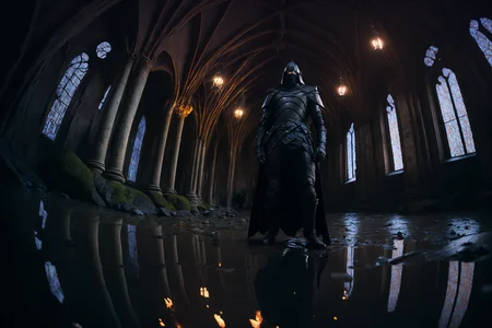 fisheye lens, portrait photo of medieval knight standing inside a gothic church, wet stone, puddles, infinite vaults, bloodborne, dramatic light, low key, candle light
