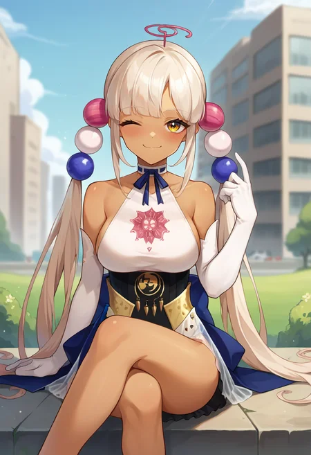 score_9, score_8_up, score_7_up, source_anime, masterpiece, 1girl, ct_tsukum0, halterneck, leotard under clothes, detached collar, blue skirt, see-through skirt, elbow gloves, hand up, looking at viewer, outdoors, depth of field, sunny, city, sitting, crossed legs, hand up, portrait, one eye closed, happy, smug, blush, <lora:Tsukumo_Sana_Pony_ct:1>
