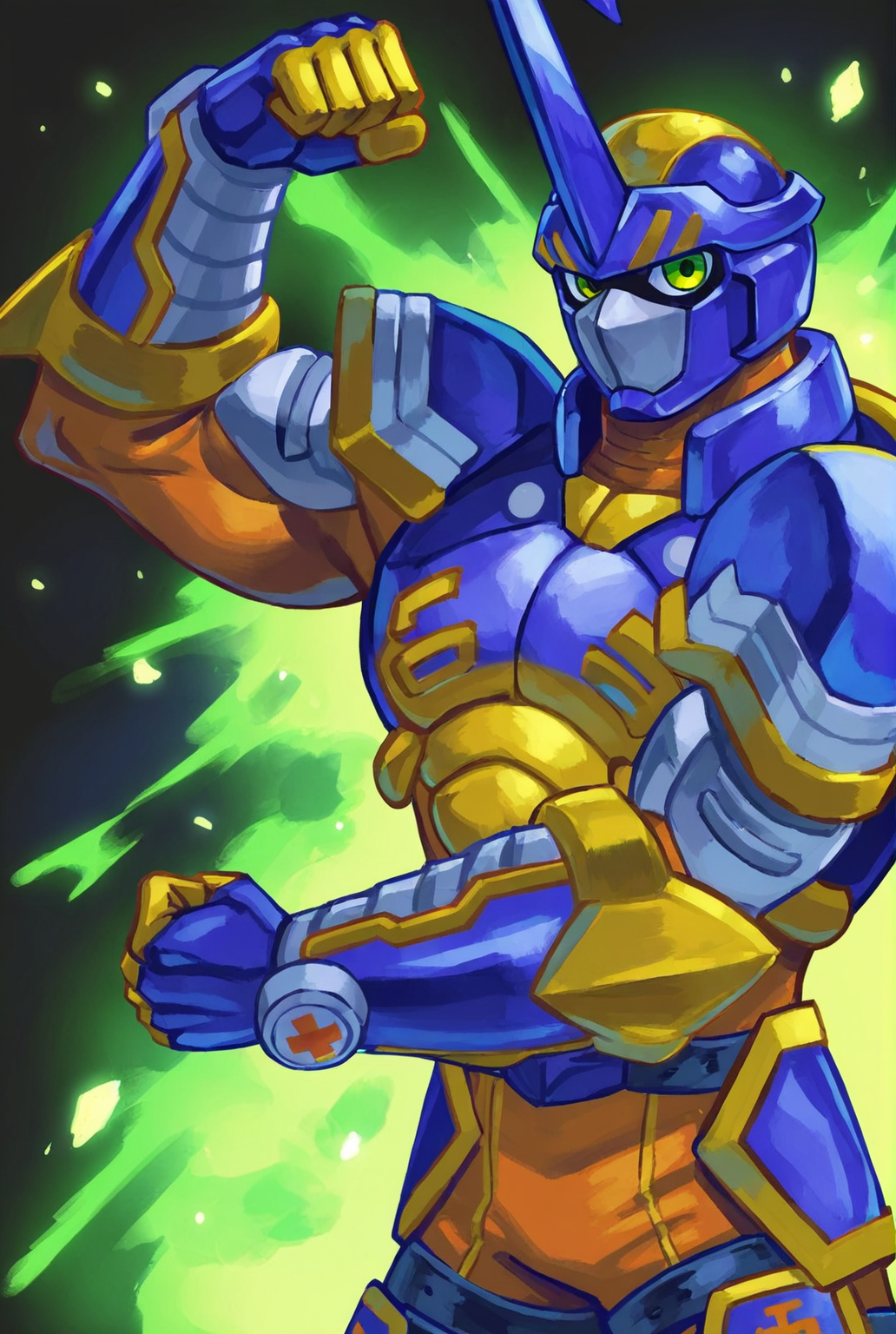 score_9,score_8_up,score_7_up,male focus,ultra-detailed,high resolution,digital painting,8k,1boy,solo,cowboy shot,male focus,detailed face,armor,no humans,green eyes,helmet,single horn,bodysuit,flexing, veiny,looking at viewer,<lora:add-detail-xl:1>,<lora:Blitzmon:0.8>,bl1tzmon,<lora:Azalien:0.3>,