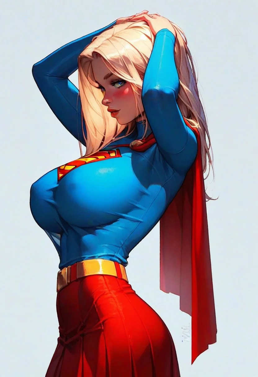 score_9, score_8_up, score_7_up, score_6_up, 1girl, solo, supergirl, very long blond hair, superman logo,blue shirt, long red cape, yellow belt, red skirt, perfect face, perfect eyes, sexy, perfect body, hourglass figure, standing, huge breasts, , no bra, covered breasts, seductive look, back arched, her hands on head, chest out, perfect hands, blushing, super cute, close up, dynamic angle