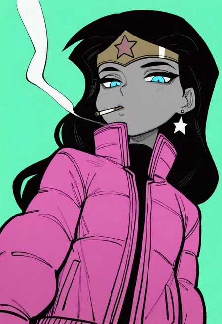 karasuchan,
best quality, amazing quality, very aesthetic, absurdres,
1girl, solo, wonderwoman, long hair, black hair, blue eyes, dark skin, tiara, earrings, flat chest,
pink puffer jacket with high collar, extra_puffy_jacket, greyscale with colored background, green background, hatching \(texture\), monochrome, spot color, view from below, looking down, looking at viewer, smoking, cigarette, smoke <lora:KarasuChanIllustriousXL_byKonan:1>