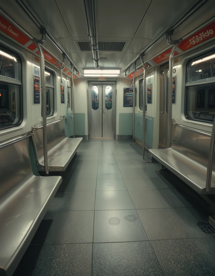 A modern subway train,Subw4y tr41n, in motion, with a single woman standing near the center of the train car, holding onto a shiny metal pole for balance as the train glides along the tracks. The woman is dressed casually yet stylishly, wearing a long black coat over a beige turtleneck sweater, paired with slim-fit jeans and ankle boots. Her hair is neatly tied back into a low bun, with a few loose strands framing her face. She has a thoughtful, calm expression, her gaze directed slightly downward as if lost in her own world. In her other hand, she holds a small tote bag, its strap looped over her wrist, with a paperback book peeking out from the top.
The subway car is clean but shows subtle signs of daily use. The walls are lined with muted gray panels, and the seats along the edges of the car are upholstered in a dark blue fabric, slightly faded from wear. Overhead, fluorescent lighting casts a bright, even glow across the interior, causing faint reflections on the polished floor, which is marked with the occasional scuff from commuters' shoes. Metal grab handles hang from above, gently swaying with the trainâs movement, and shiny steel poles are strategically placed throughout the car.
The windows on both sides reveal a blurry, motion-filled view of the dark subway tunnel, interspersed with flashes of graffiti-covered walls and dim utility lights. Above the windows, digital displays show the next stop in bright LED text, along with a route map that runs the length of the car. Small advertisements are mounted on the walls, showcasing everything from city events to product promotions, some with vibrant colors that add subtle contrast to the neutral tones of the train.
The atmosphere feels still and introspective, with the soft hum of the train and the occasional squeal of the wheels on the track. The train is sparsely occupied, with a few empty seats and subtle details like a forgotten coffee cup on one bench and a folded newspaper lying on the floor. The overall mood is quiet and reflective, capturing a moment of solitude and thoughtfulness during an ordinary subway ride.<lora:SDXLFaeTastic2400:0.4> <lora:extremely_detailed:0.4> extremely detailed, <lora:Subw4y_tr41n:1>, Masterpiece,best quality,hi res,8k,hi res,8k,award winning,(sharp focus, intricate, highly detailed),