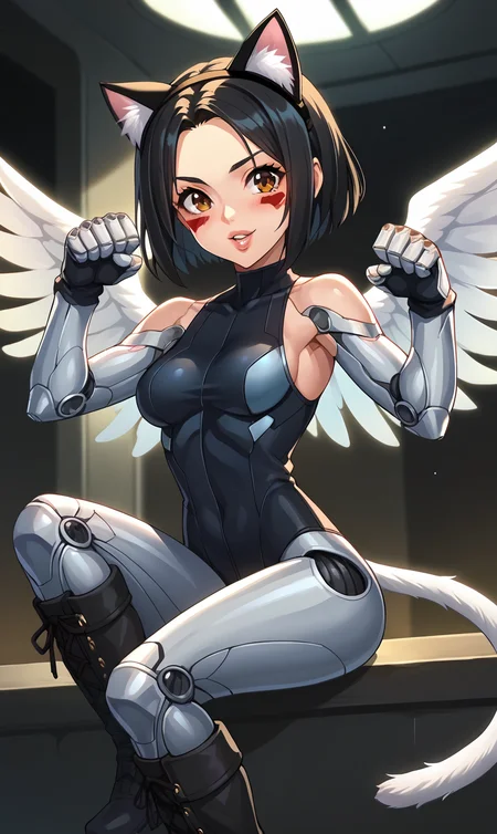 score_9, score_8_up, score_7_up, 1girl, source_anime, anime style, screencap,  <lora:Gally:1> gallyxl, short hair,  black hair, brown eyes, lips, facepaint, facial mark, bodysuit, angel wings, mechanical arms, robot skin, bare shoulders, android, cyberpunk, science fiction, parted lips, smile, looking at viewer, boots, room, indoors, cat tail, fake cat ears, blush, paw pose