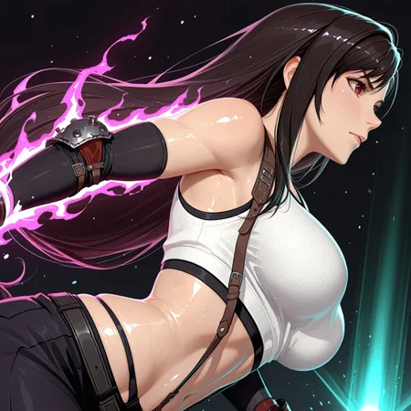 safe_pos, masterpiece, amazing quality, best quality, good quality, very aesthetic, absurdres, newest, 8K, depth of field, focused subject, in the style of cknc, artist:moriimee, in the style of cksc, BREAK side portrait of Tifa Lockhart (Final Fantasy VII), classic outfit, crop top, large breasts, panty peek, dynamic pose, action pose, dark background, silhouetted, directional lighting, viewed, from side, artist:moriimee, in the style of ck-rw, easynegative, ng_deepnegative_v1_75t, fcNeg, glowing aura, jk, jk style, skindentation, perfecteyes, perfect skin, athletic, toned, shiny skin, shiny hair, lips, volumetric lighting, bokeh, backlighting, very aesthetic, Chiaroscuro Lighting, god rays
