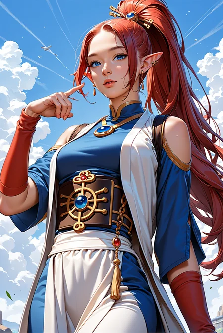 score_9, score_8_up, score_7_up, score_6_up, score_5_up, score_4_up, source_anime, <lora:aeldari_Pony_2:1> aeldari, asuryani, (seer), aeldari's shoulder armor, 1girl, solo, long ponytail with shaved temples hair, looking at viewer, very horny smille face, blue eyes, black hair, ponytail with shaved temples, medium breasts, pointy ears, piercing, elf, from below, Very skinny and wiry, ((She holds out her hand to the viewer))