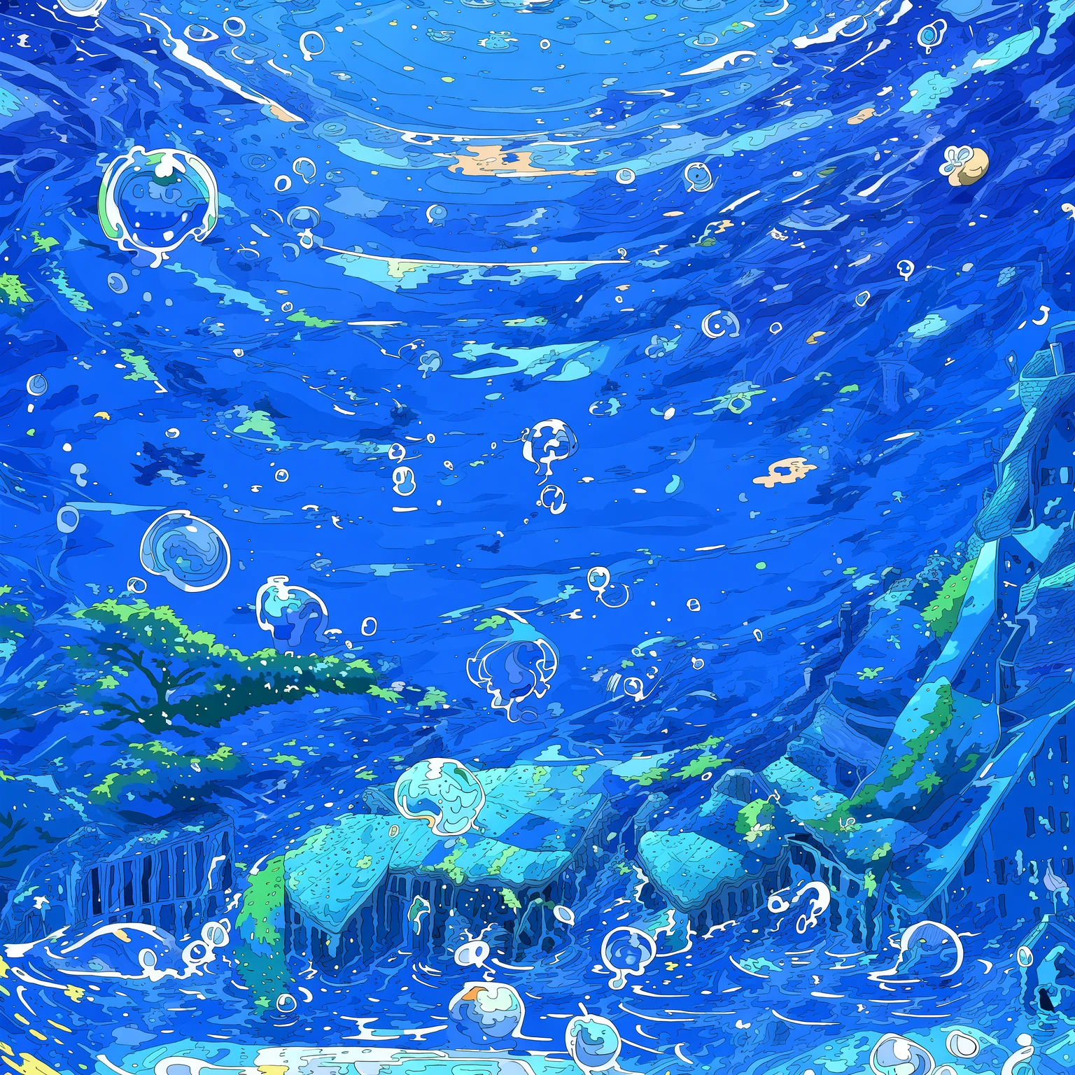 (masterpiece, best quality, scenery), building, moon, tree, water, scenery, blue theme, crescent moon, fish, solo, sign, outdoors, bubble,