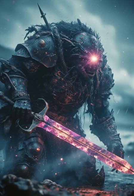 Upper body shot of a dark, menacing mechanical knight engaged in a bosstyle boss battle, captured with the gritty realism of an old analog camera. The knight’s battle-worn, intricately designed helmet reflects the eerie glow of his weapon—a massive, twisted sword. The blade crackles with dark energy, gathering ominously at its tip, where a glowing orb of dark purple and translucent amber light pulses with immense, destructive power. The energy radiates along the blade, casting a sinister glow that illuminates the knight’s helmet and armor, creating stark contrasts between light and deep shadows. Standing strong against a translucent Crystal dark-blueish Boss Made of waves Resembling an wide Fury ghostly Wave water monster,
The chaotic battlefield around them is set amidst large crystal-blue waves crashing with explosive force, intensifying the dramatic clash between the knight and his adversaries.
