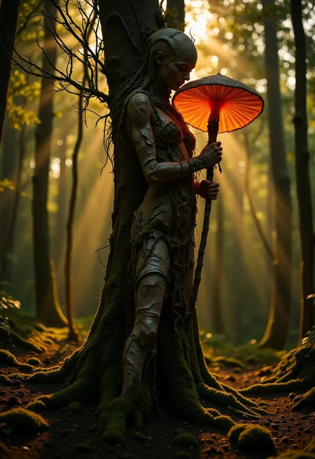 rootform, An enchanting birch forest suffused with warm, golden light filtering softly through the delicate leaves above. The ground is blanketed with lush moss and small shrubs, enhancing the ethereal atmosphere. In the center, a striking black-and-white birch tree merges seamlessly with a mystical figure: a woman whose form appears to have grown directly from the tree itself. Her skin flows into the bark, her arms partly entangled with branches, and her head crowned with fine twigs and leaves. She holds a large, vibrant mushroom as if it were a delicate umbrella, the cap glowing faintly in deep orange and red hues. The scene is illuminated by atmospheric light, casting intricate patterns of shadows and highlights that enhance the dreamlike, otherworldly beauty of the setting.