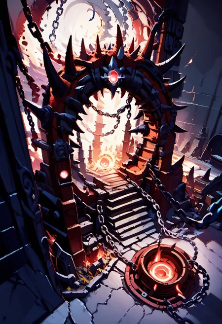score_9, score_8_up, score_8,
Khrn, red eyes, glowing, spikes, white glow, portal, chains, from above