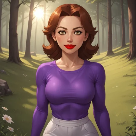 score_9, score_8, BREAK, solo, wii, mii, wii sports, 1girl, female mii, dark yellow eyes, auburn hair, dark brown eyebrows, red lips, purple clothing, white pants, shoes, nintendo mii, modern_mii, classic_mii, breasts, elisa_\(\\wii_sports\\\), sexy pose, smile, outdoors, sunlight, shadows, evening lighting, natural lighting, forest, trees, grass, orange sky, sunset