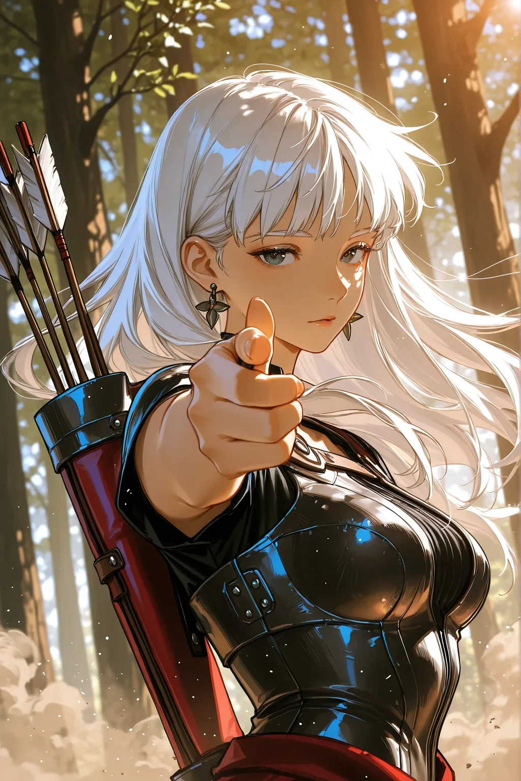 1girl, beautiful, white hair, long hair, bangs, fair skin, medium breasts, leather armor, Quiver on back, forest, dappled sunlight, upper body, looking at viewer, anime-art, Art8st, breasts leather armor, earrings, arrows in quiver, bow, archer, leather old shirt, dynamic angle, dust, crouching on tree branch, aiming by bow,