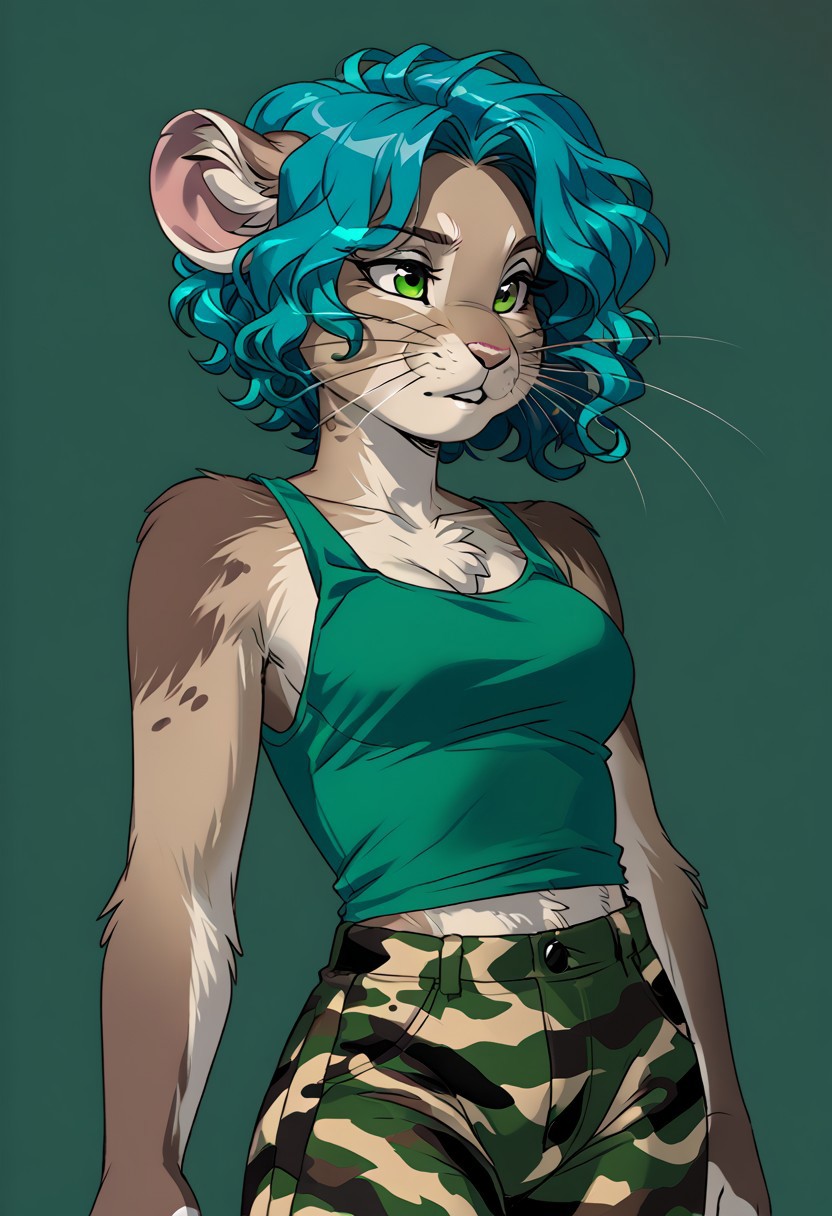 score_9, score_8_up, score_7_up, (by jailbird:1.5), (by kittydee:1.5), (by zummeng:1.5), masterpiece, best quality, (solo),
(Furry Art: anthro: ili pika:1.5), 1girl, expressive eyes, feminine eyes, <lora:beautiful_detailed_eyes:1>, perfect face, rodent, rounded ears, brown fur, whiskers, tailless, green eyes, (light blue hair:1.5), (dark green inner hair:1.3), (short hair), (wavy hair), medium breasts, (military camouflage pants:1.5), (green tank top:1.5),