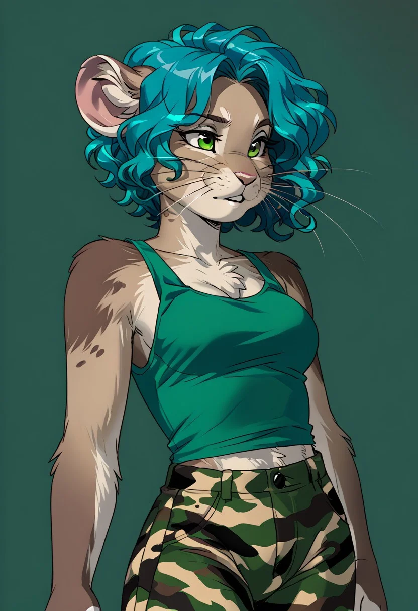 score_9, score_8_up, score_7_up, (by jailbird:1.5), (by kittydee:1.5), (by zummeng:1.5), masterpiece, best quality, (solo),
(Furry Art: anthro: ili pika:1.5), 1girl, expressive eyes, feminine eyes, <lora:beautiful_detailed_eyes:1>, perfect face, rodent, rounded ears, brown fur, whiskers, tailless, green eyes, (light blue hair:1.5), (dark green inner hair:1.3), (short hair), (wavy hair), medium breasts, (military camouflage pants:1.5), (green tank top:1.5),