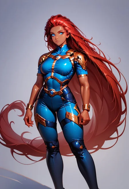 Ultra HD 32K image of zoemoon, red hair, blue eyes, (very long hair:1.4), tan skin, wearing a blue starship pilot uniform with gold trim, with the photographic styles of Ruslan Lobanov and Zeng Chuangxing. The scene features detailed costumes akin to Daniel F. Gerhartz’s work, rendered with a calculated aspect ratio of 77:100.